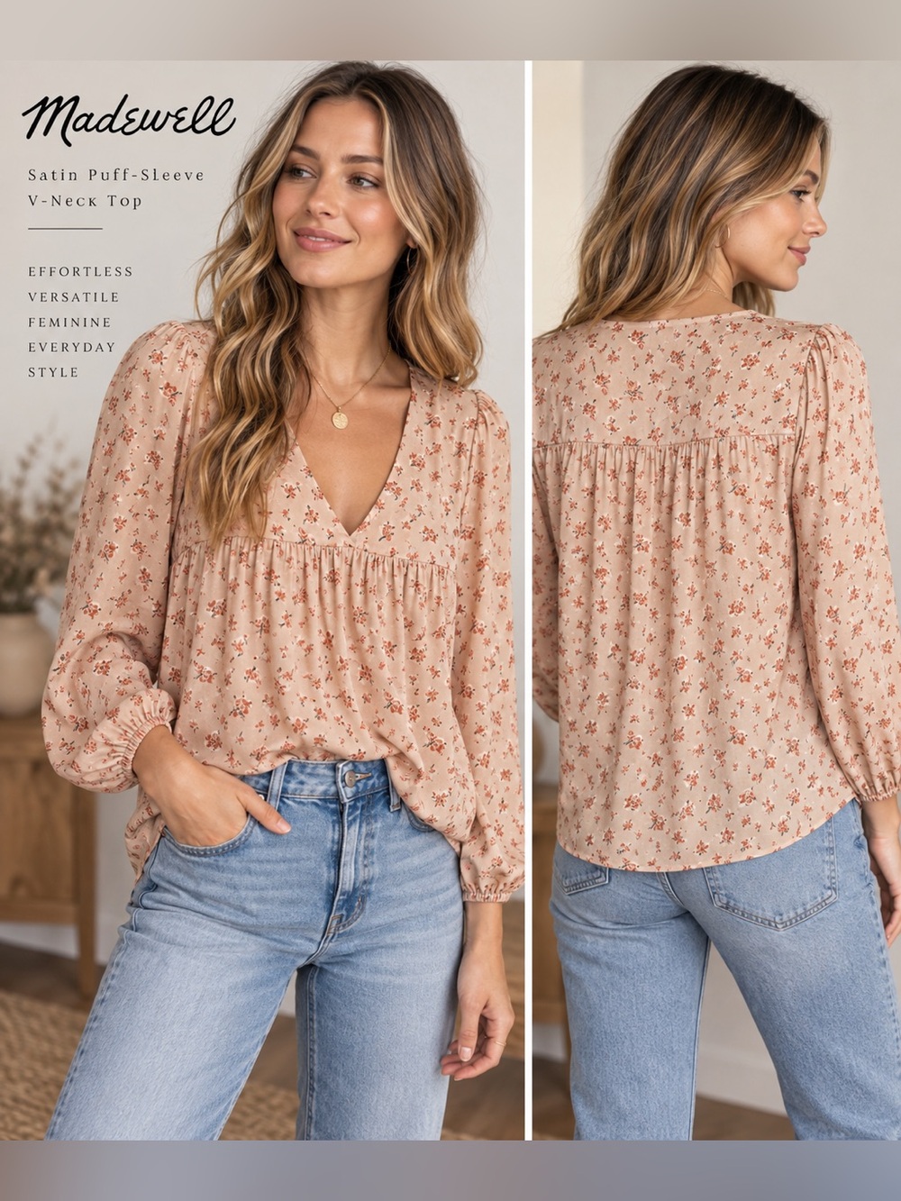 Madewell Satin Puff Sleeve V Neck Floral Blouse Pink Size M